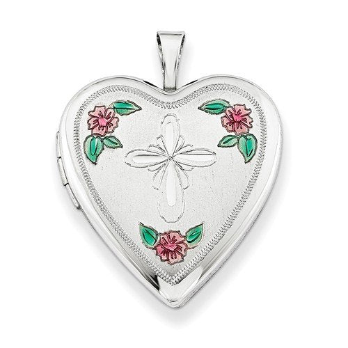 Sterling Silver Cross and Flower Heart Locket Necklace, 18"