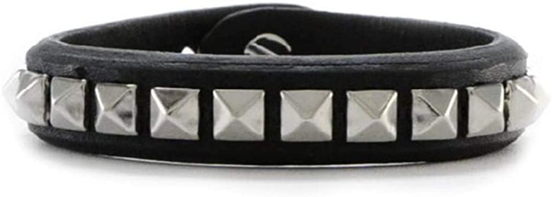 Men's Black Leather with Studs Adjustable 16mm Stainless Steel Push Clasp Bracelet, 9 Inches