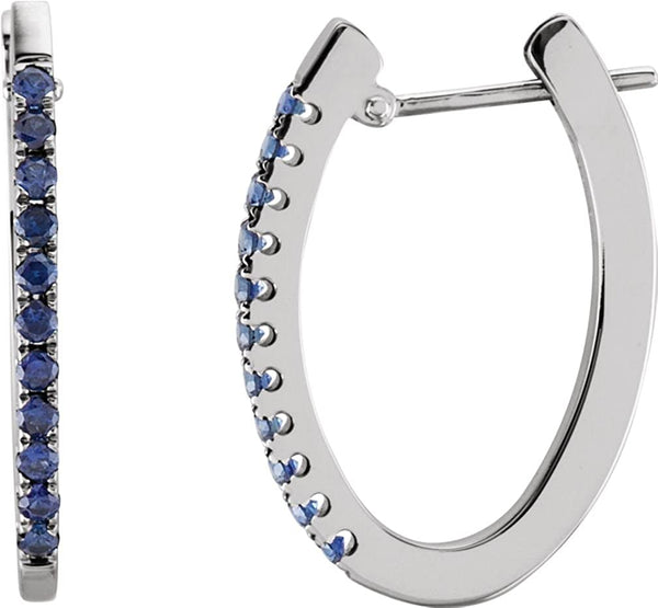 Blue Sapphire Hoop Earrings,14K White Gold