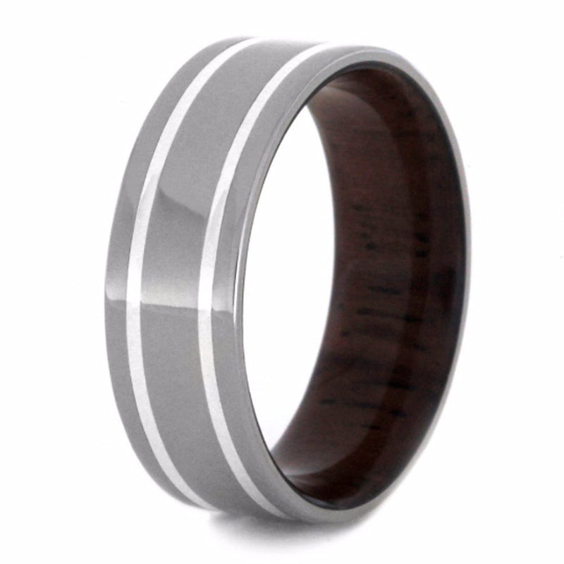 Honduran Rosewood Sleeve, Sterling Silver Pinstripe 7mm Comfort-Fit Titanium Wedding Band