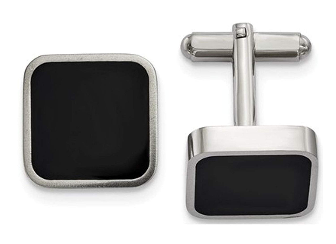 Stainless Steel Polished Black Enameled Square Cuff Links, 23.98MMX17.35MM