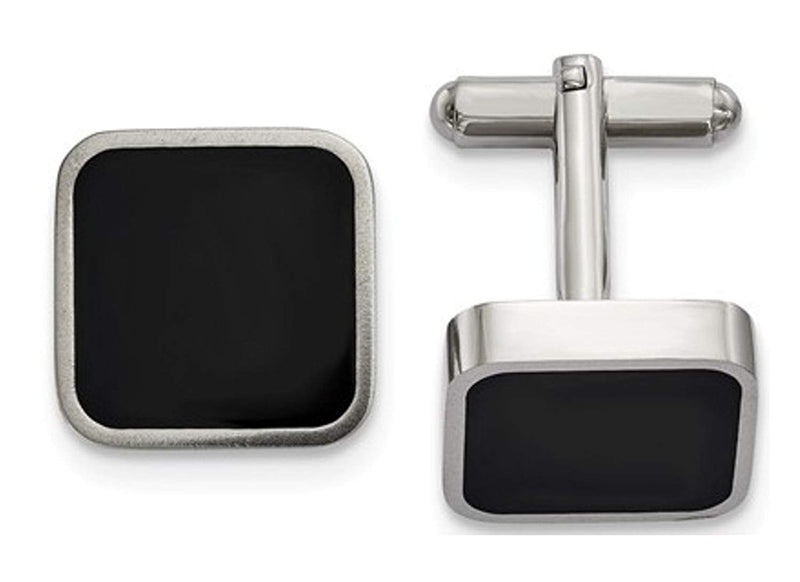 Stainless Steel Polished Black Enameled Square Cuff Links, 23.98MMX17.35MM