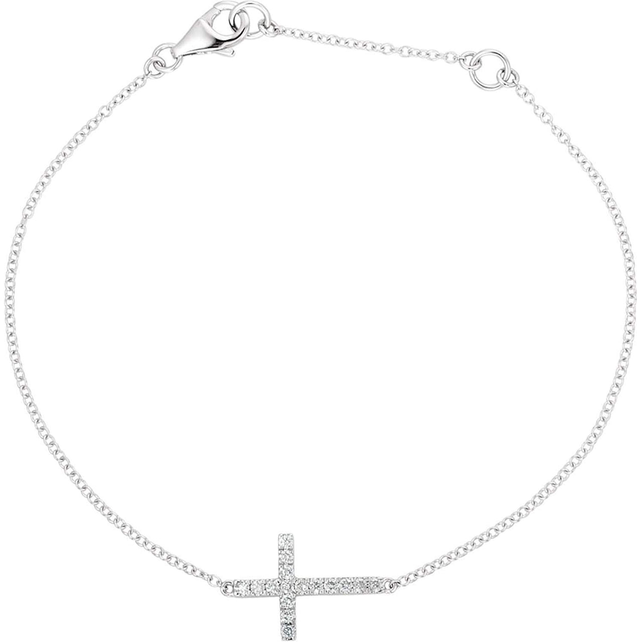 Diamond Sideways Cross Rhodium-Plated 14k White Gold Bracelet, Adjustable 6-8" (.20 Ctw, H-J Color, I3 Clarity)