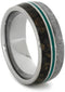 Gibeon Meteorite, Dinosaur Bone, Green Enamel Pinstripe 9mm Comfort-Fit Titanium Band, Size 6.25