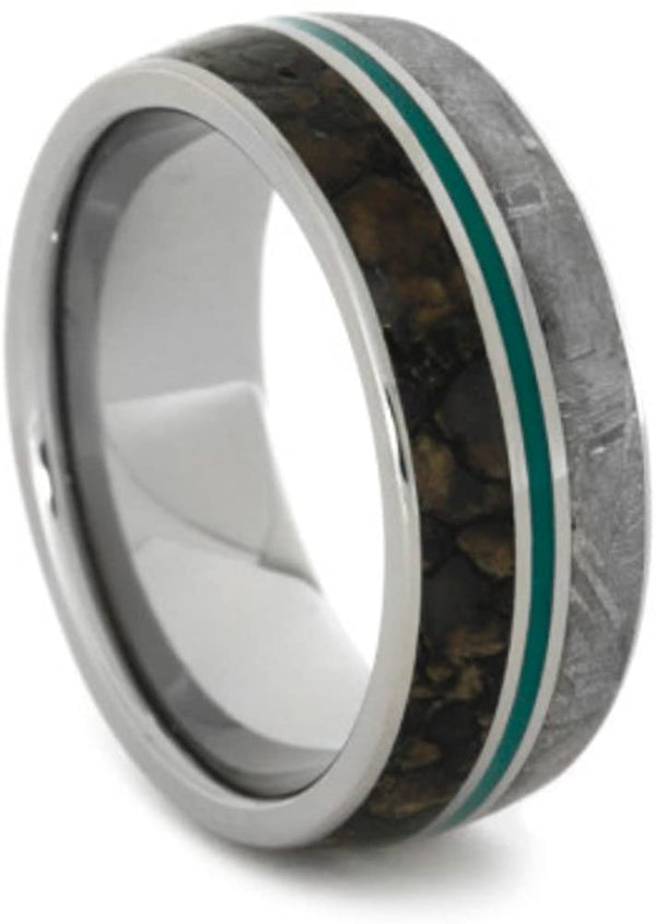 Gibeon Meteorite, Dinosaur Bone, Green Enamel Pinstripe 9mm Comfort-Fit Titanium Band, Size 15.25