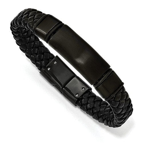 Men's Brushed Stainless Steel Black IP-Plated Braided Leather Bracelet, 8.25"