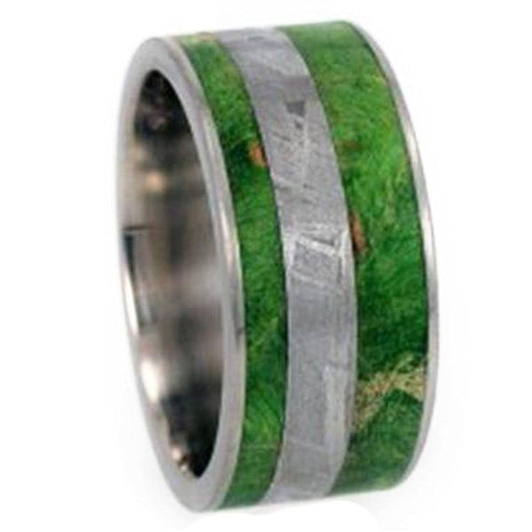 Gibeon Meteorite, Green Box Elder Burl Wood 10mm Comfort Fit Matte Titanium Band