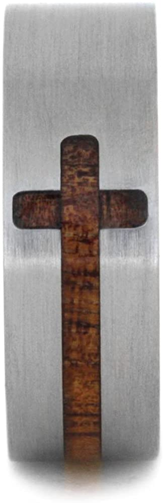 Koa Wood Cross 8mm Comfort-Fit Brushed Titanium Band, Size 14