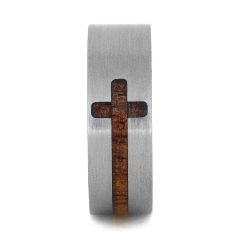 Koa Wood Cross 8mm Comfort-Fit Brushed Titanium Band