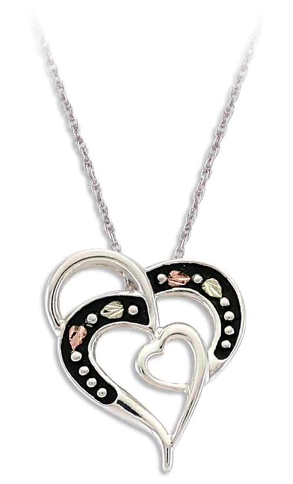 Antiqued Double Hearts Pendant Necklace, Sterling Silver, 12k Green and Rose Gold Black Hills Gold Motif, 18"