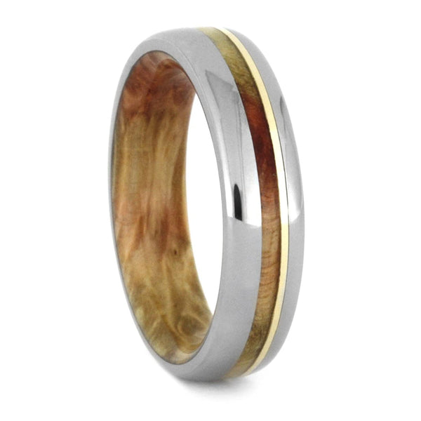 Flame Box Elder Burl, 14k Yellow Gold 5mm Comfort-Fit Titanium Wedding Band