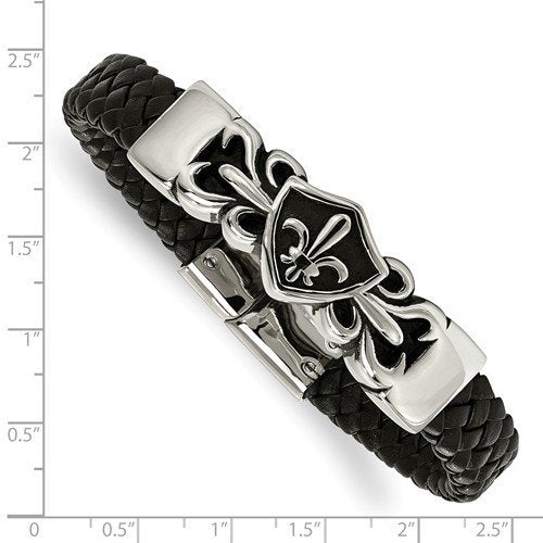 Men's Polished Stainless Steel Fleur De Lis Black Leather Antiqued Bracelet, 8.25"