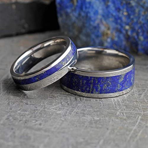Lapis Lazuli Titanium Band and Lapis Lazuli Platinum Band, His and Hers Wedding Rings
