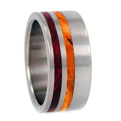 Gold Box Elder Burll Wood and Redwood 10mm Comfort-Fit Titanium Band, Size 15.75