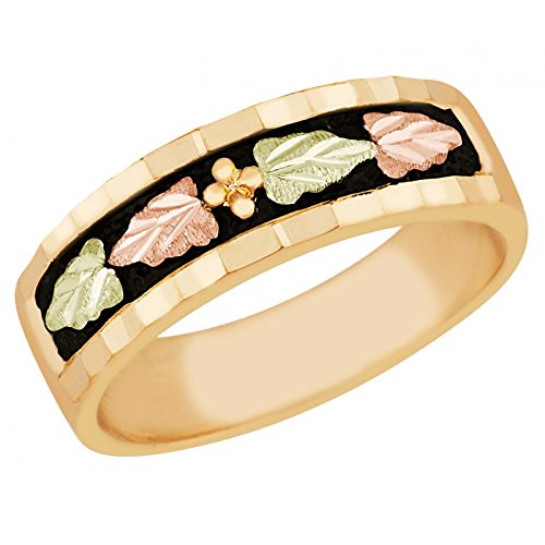 Wedding Antiqued Band, 10k Yellow Gold, 12k Green and Rose Gold Black Hills Gold Motif