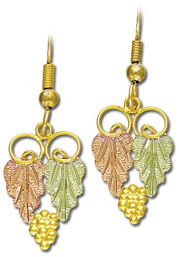 Loops Leaves and Grapes with Fish Hook Earrings, 10k Yellow Gold, 12k Green and Rose Gold Black Hills Gold Motif