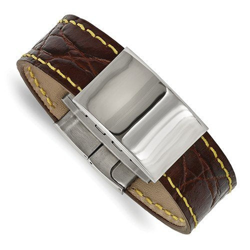 Men's Polished Stainless Steel Brown Leather with Yellow Stitch ID Bracelet, 8.5 "