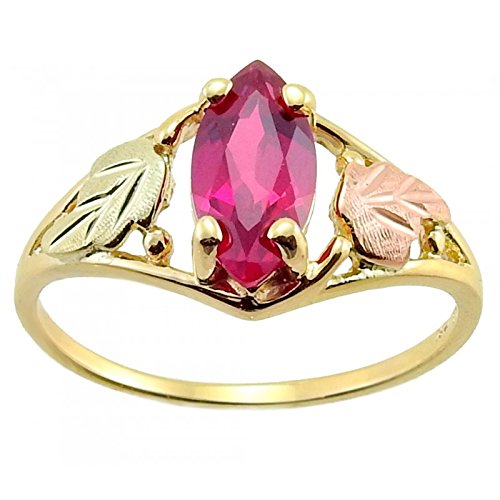 Ave 369 Created Marquise Ruby Ring, 10k Yellow Gold, 12k Green and Rose Gold Black Hills Gold Motif