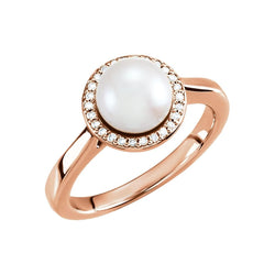 White Freshwater Cultured Pearl and Diamond Halo Ring, 14k Rose Gold (7.5-8mm) (.08Ctw, G-H Color, I1 Clarity) Size 6