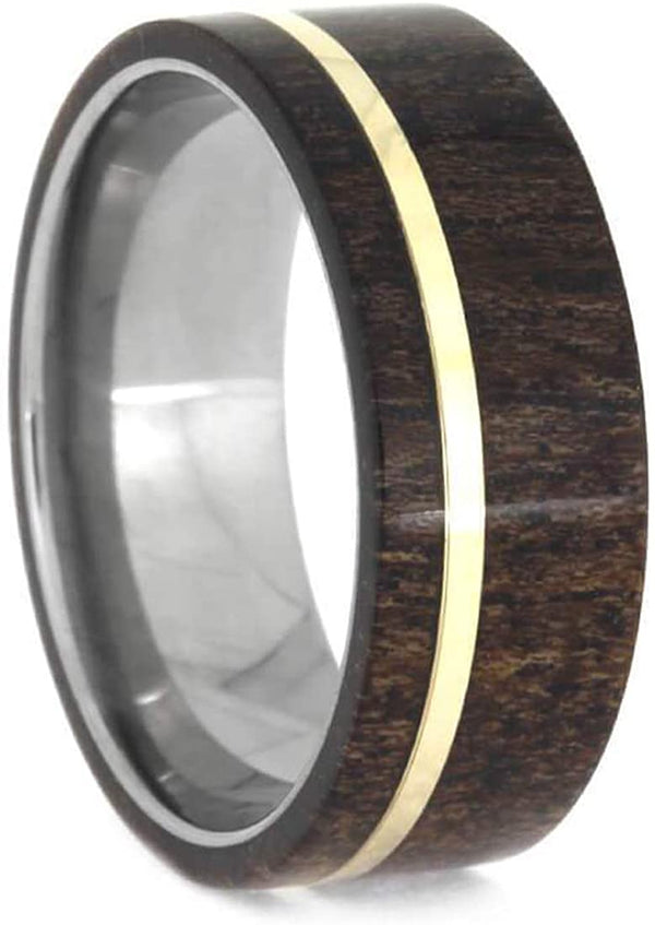 Black Mesquite Wood, 14k Yellow Gold Pinstripe 8mm Comfort-Fit Titanium Band, Size 7