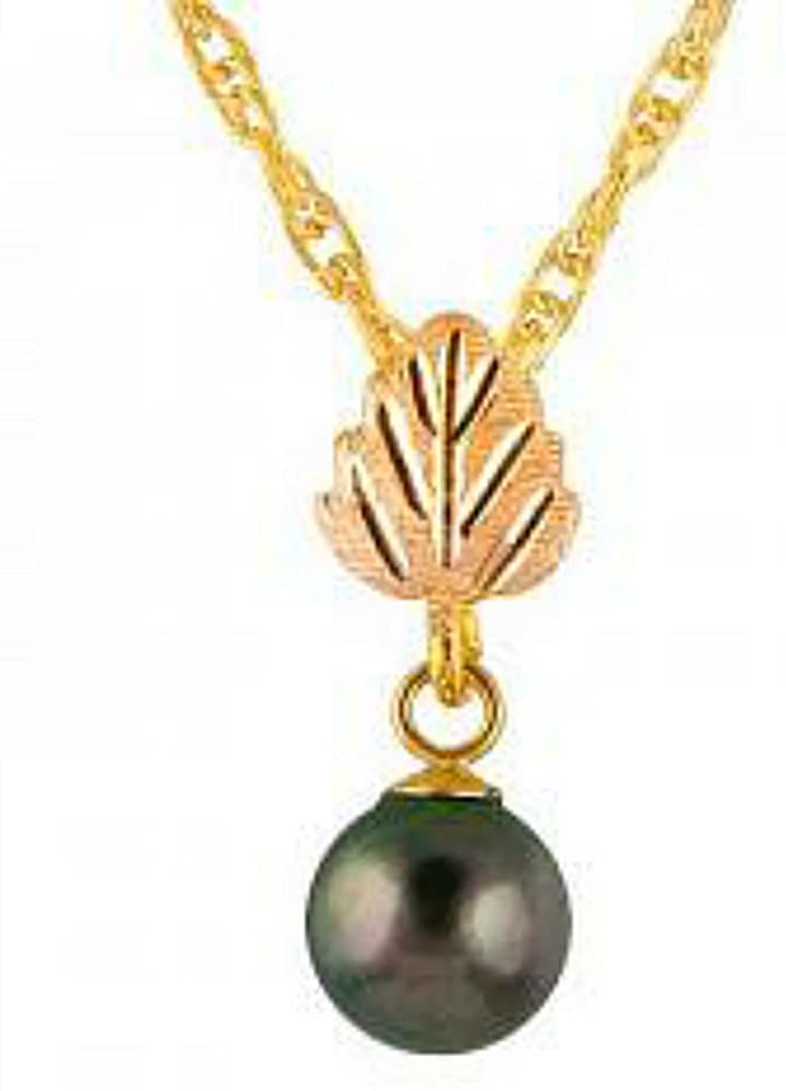 Black Pearl Dangle Leaf Pendant Necklace, 10k Yellow Gold, 12k Green and Rose Gold Black Hills Gold Motif, 18" (6-6.5 MM)