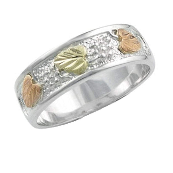 Frosty Leaf Mirror Polished Band Ring, Sterling Silver, 12k Green and Rose Gold Black Hills Gold Motif