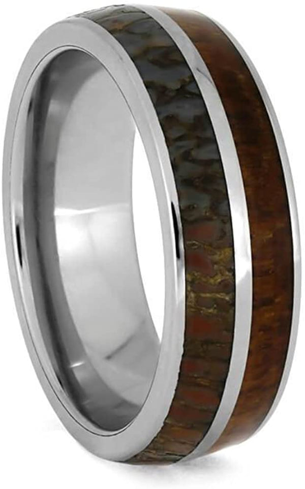 The Men's Jewelry Store (Unisex Jewelry) Dinosaur Bone, Teak Wood 7mm Comfort-Fit Titanium Band