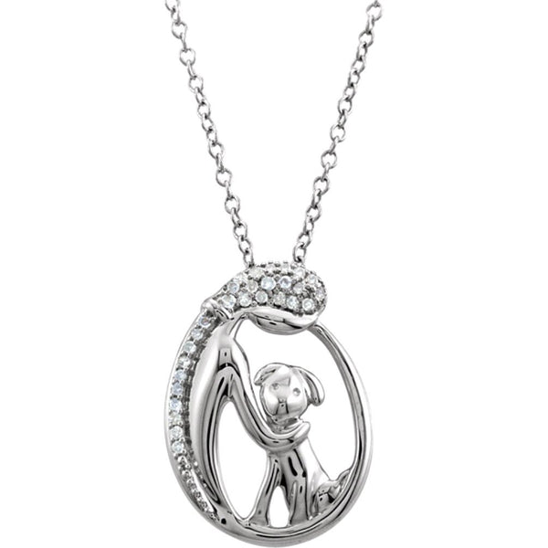 Diamond Woman and Dog Pendant Sterling Silver Necklace, 18" with Charm Pet Collar Tag