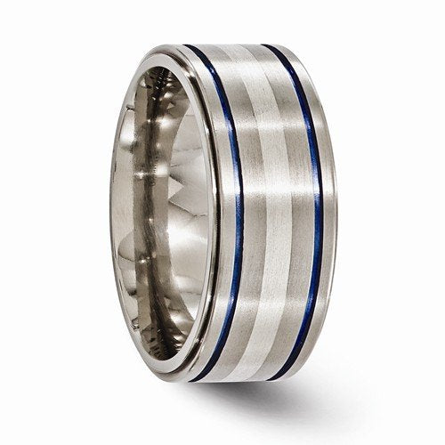 Anodized Collection Gray and Blue Titnaium, Argentium Silver 10mm Comfort-Fit Band