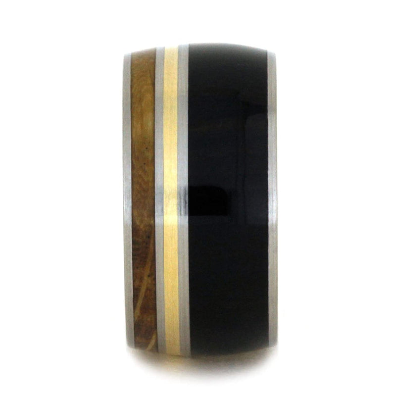 African Blackwood, Whiskey Barrel Wood, 14k Yellow Gold 10mm Comfort-Fit Brushed Titanium Ring