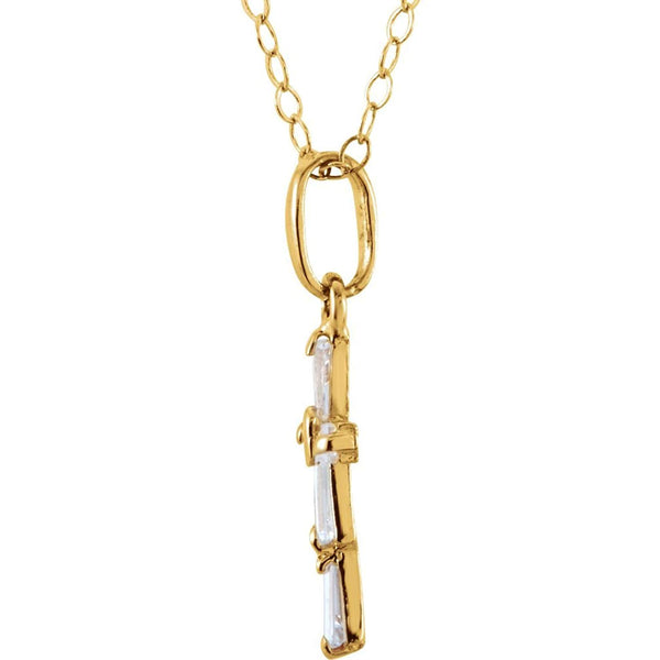 Girl's 14k Yellow Gold CZ Baguette Cross Pendant Necklace, 15"