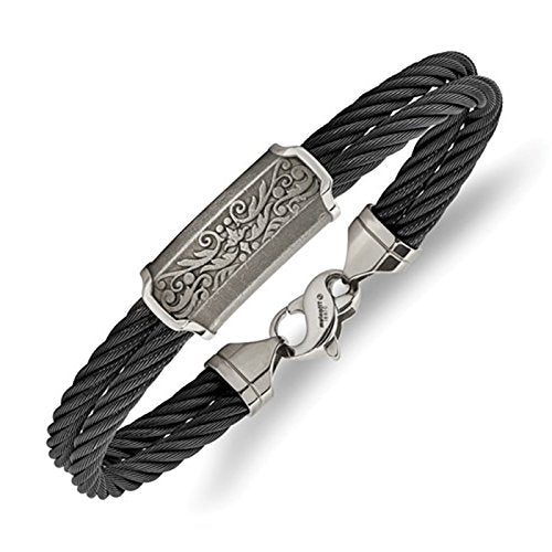 Men's Heritage Collection Gray Titanium 13mm Black Memory Cable Casted Bangle Bracelet, 8"