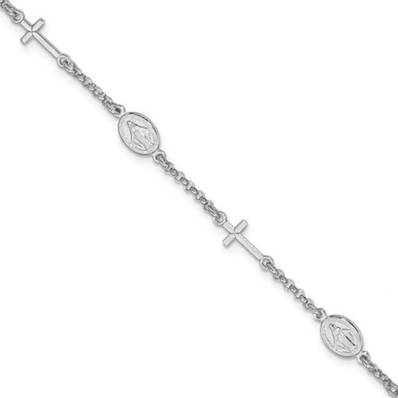 Rhodium Plated Sterling Silver Cross and Miraculous Medal Bracelet, 7.5"