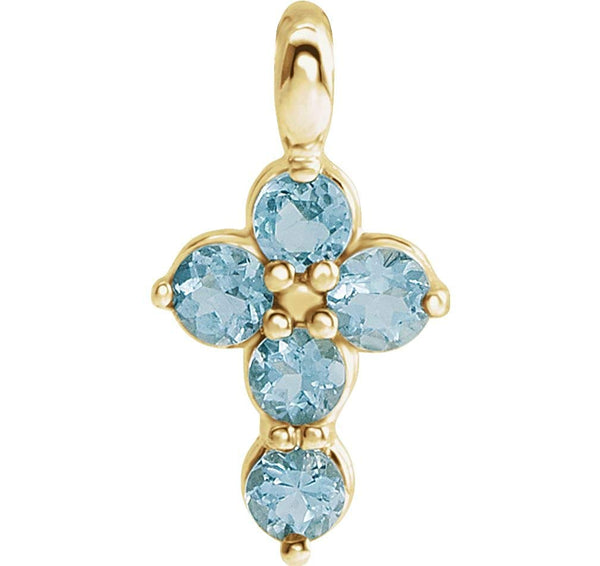 Round Aquamarine Cross 14k Yellow Gold Pendent (11.50X6.15 MM)