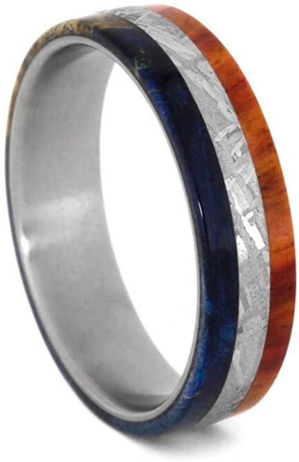 Gibeon Meteorite, Tulipwood, Blue Box Elder Burl 6mm Matte Titanium Comfort-Fit Band, Size 5.25