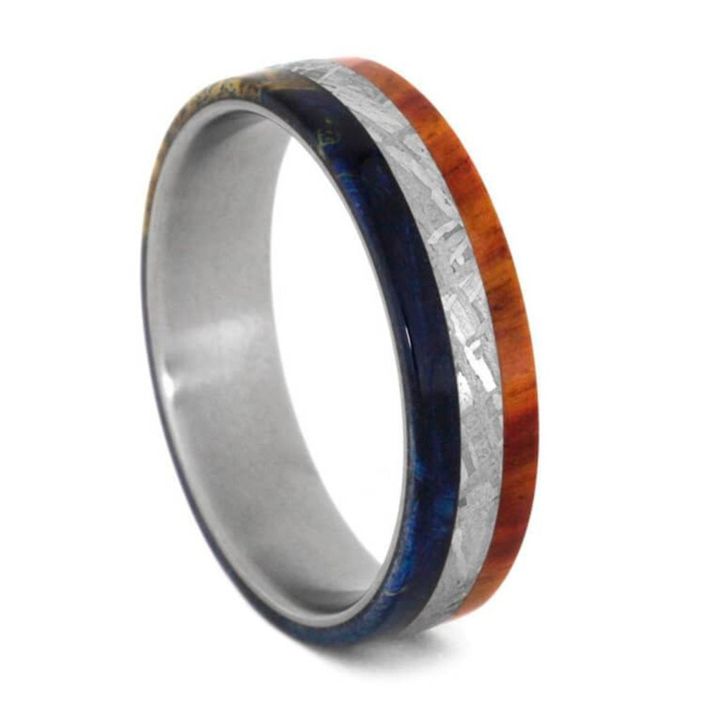 Gibeon Meteorite, Tulipwood, Blue Box Elder Burl 6mm Matte Titanium Comfort-Fit Band