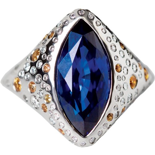 4.165 Cttw Platinum, London Blue Topaz Faceted Marquise, Diamond and Yellow Sapphire Ring, Size 7