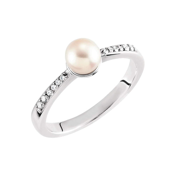 White Freshwater Cultured Pearl and Diamond Ring, Rhodium-Plated 14k White Gold (5.5-6mm) (.07Ctw, G-H Color, I1 Clarity) Size 7