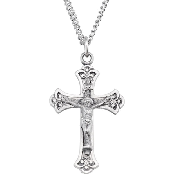 Fleur-de-Lis Crucifix Sterling Silver Pendant Necklace, 24" (32X22MM)