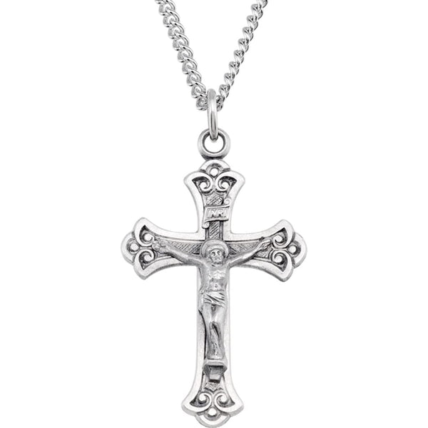 Fleur-de-Lis Crucifix Sterling Silver Pendant Necklace, 25" (46X30MM)