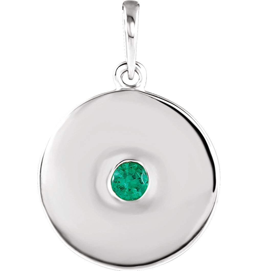 Round Emerald Disc Pendant, Rhodium-Plated 14k White Gold