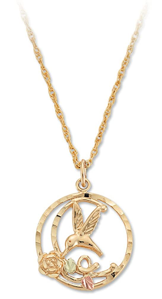 Diamond-Cut Humming Bird Circle Pendant Necklace, 10k Yellow Gold, 12k Green and Rose Gold Black Hills Gold Motif, 18"