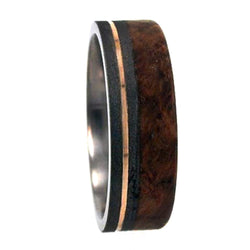 Black Ash Burl Wood, 14K Yellow Gold 6mm Comfort Fit Sandblasted Titanium Band , Size 10