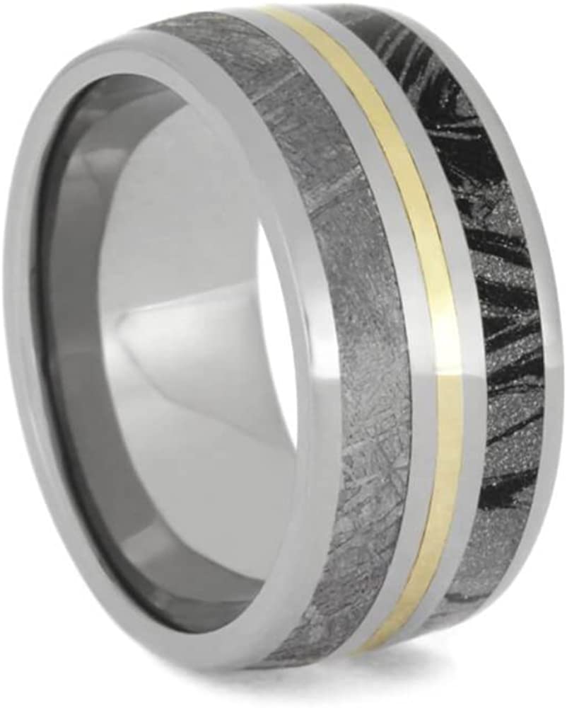 The Men's Jewelry Store (Unisex Jewelry) Gibeon Meteorite, Mokume Gane, 14k Yellow Gold 9mm Titanium Comfort-Fit Wedding Band