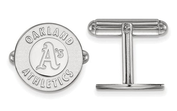 Rhodium-Plated Sterling Silver MLB Oakland Athletics Round Cuff Links, 15MM