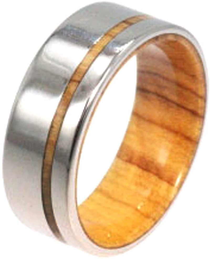 Bethlehem Olive Wood Sleeve and Pinstripe 8mm Comfort Fit Titanium Band, Size 16