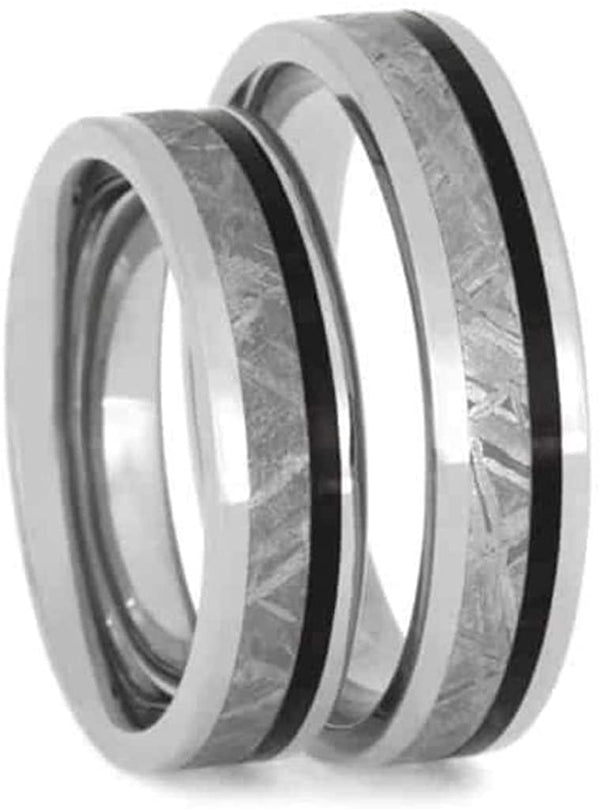 Gibeon Meteorite, African Blackwood 5mm Comfort-Fit Titanium His and Hers Wedding Band Set Size, M16-F9.5
