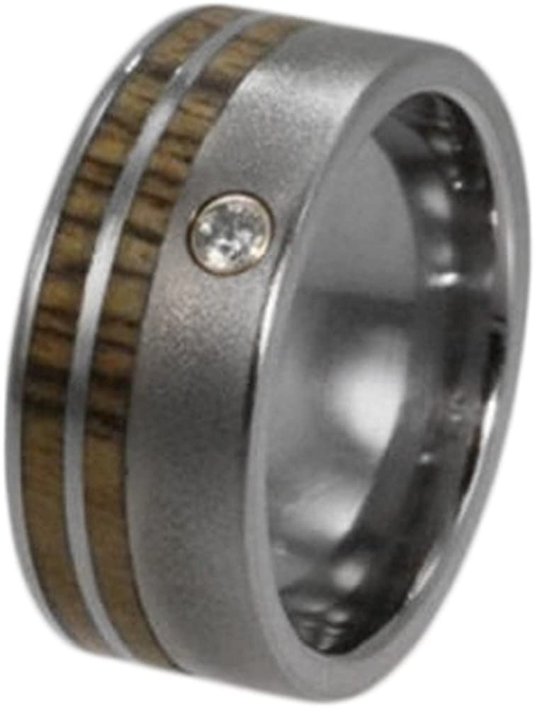 Diamond Solitaire, Bocote Wood 10mm Comfort Fit Frosted Titanium Wedding Band, Size 8.75