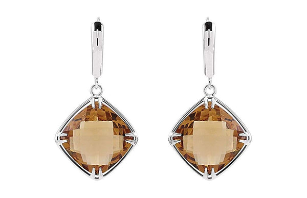 Two-Sided 21 Ctw Checkerboard Honey Quartz Antique Cushion Sterling Silver Earrings