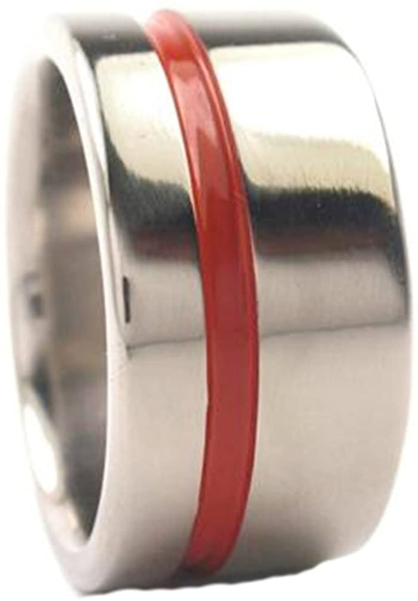 Red Grooved Flat Profile 10mm Comfort-Fit Titanium Wedding Ring, Size 14.75